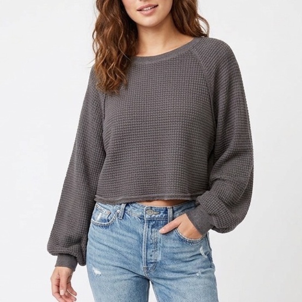 Love Riche Sweater Womens Medium Gray Waffle Knit Ribbed Raglan Sleeve Boat Neck
